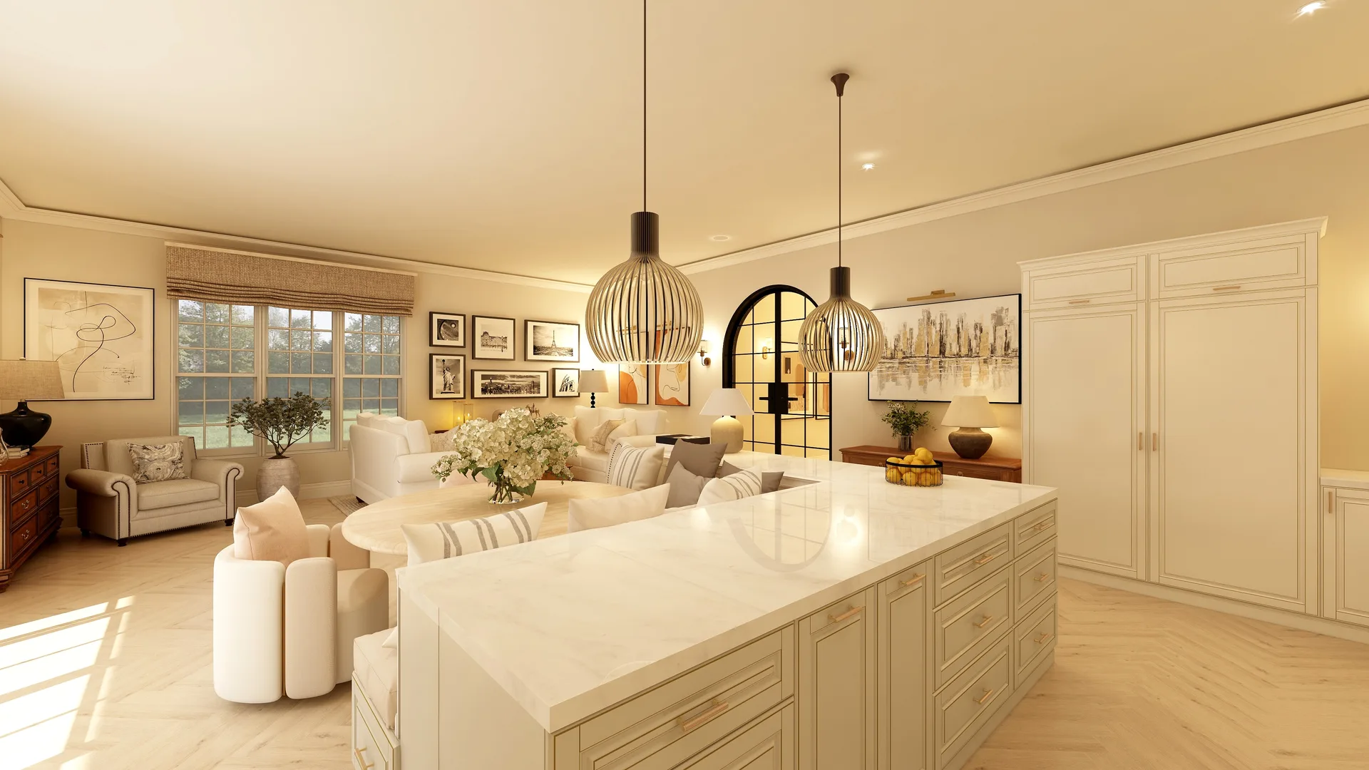 kitchen, warm wood island, pendant lights, bright - strong hero candidate; source reused as #30