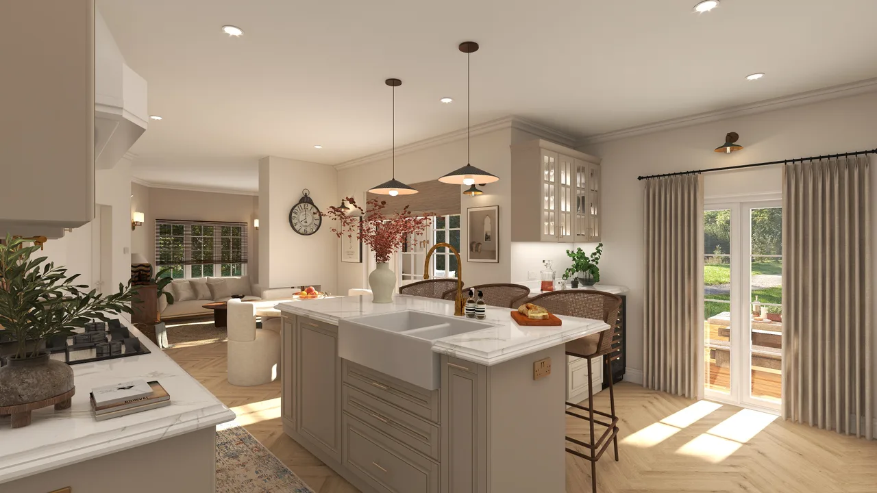 white kitchen, herringbone floor, farmhouse sink, bright